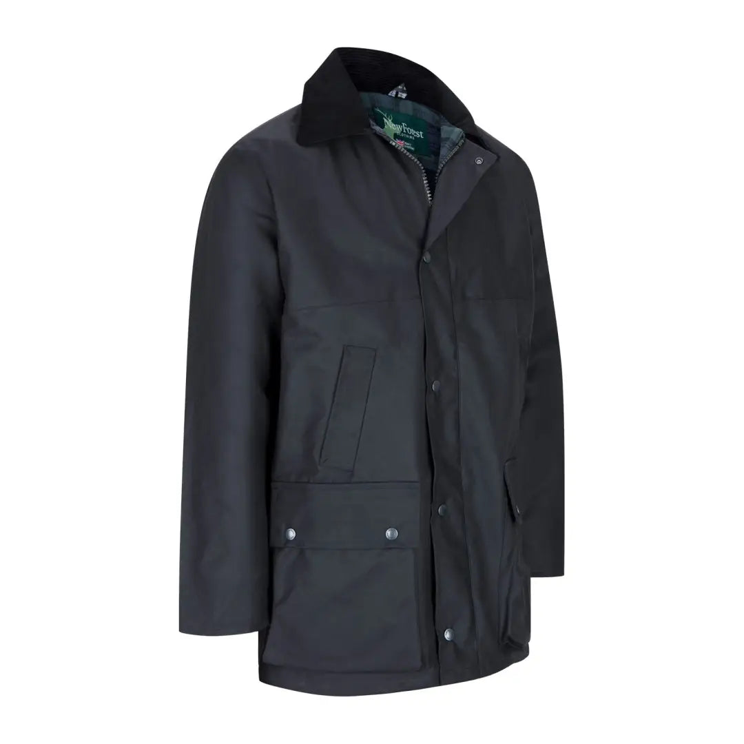 Dark gray traditional wax jacket with corduroy collar, perfect for forest clothing