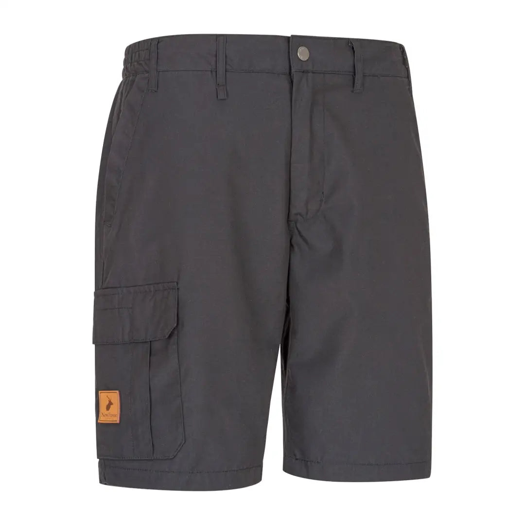 Dark gray forest trail shorts with orange patch on side pocket for adventurous outings