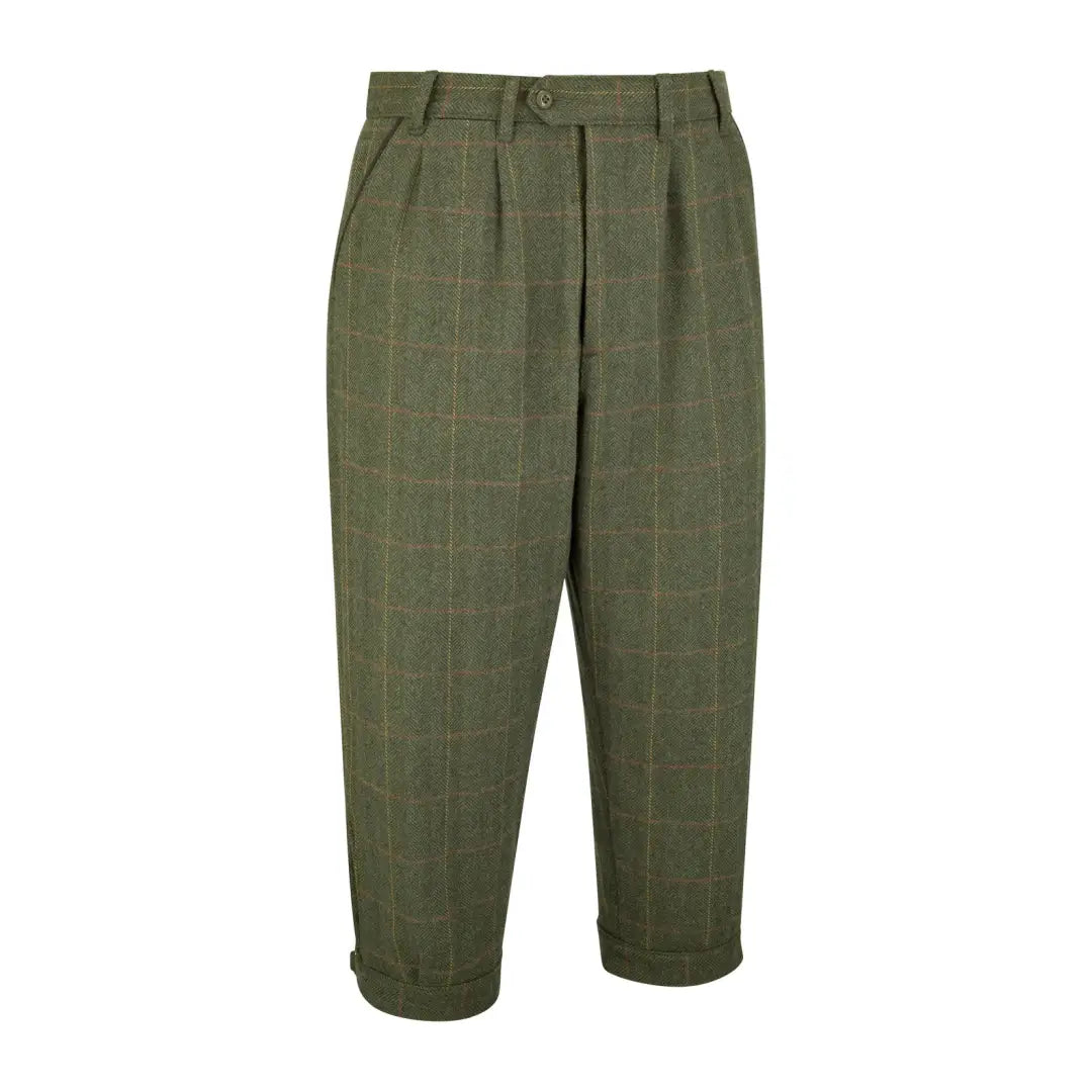 Olive green tweed breeks with grid pattern and cuffed hems featuring YKK zip fly