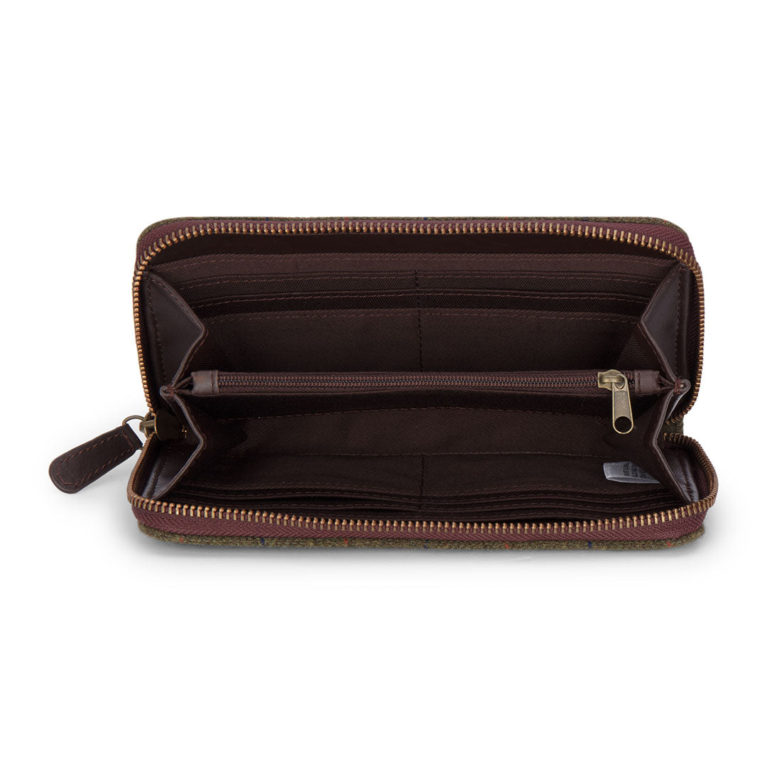 Open brown wallet with zipper showcasing the stylish New Forest Tweed Purse design