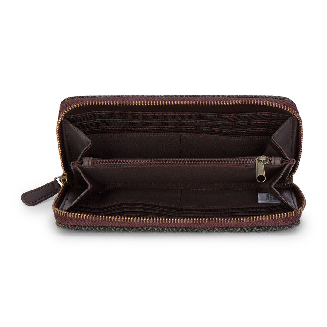 Open brown zippered wallet inside the stylish New Forest Tweed Purse