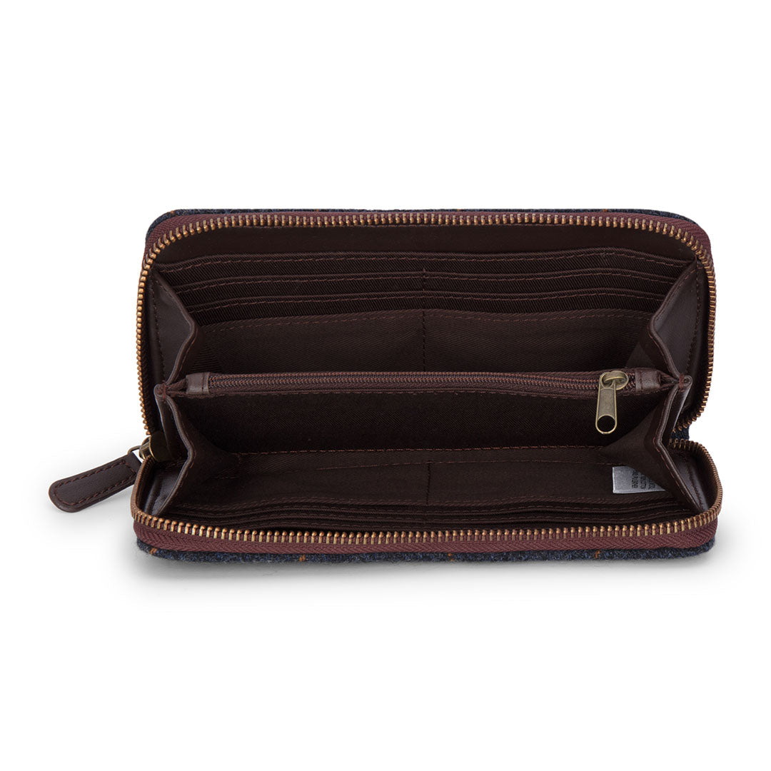 Open dark-colored wallet with zipper from the New Forest Tweed Purse collection