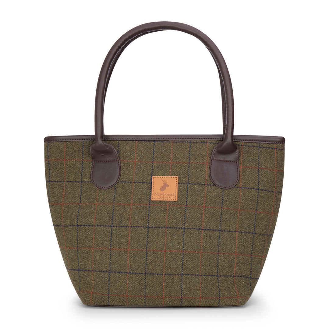 Tweed tote bag with brown leather handles from the New Forest Tweed collection