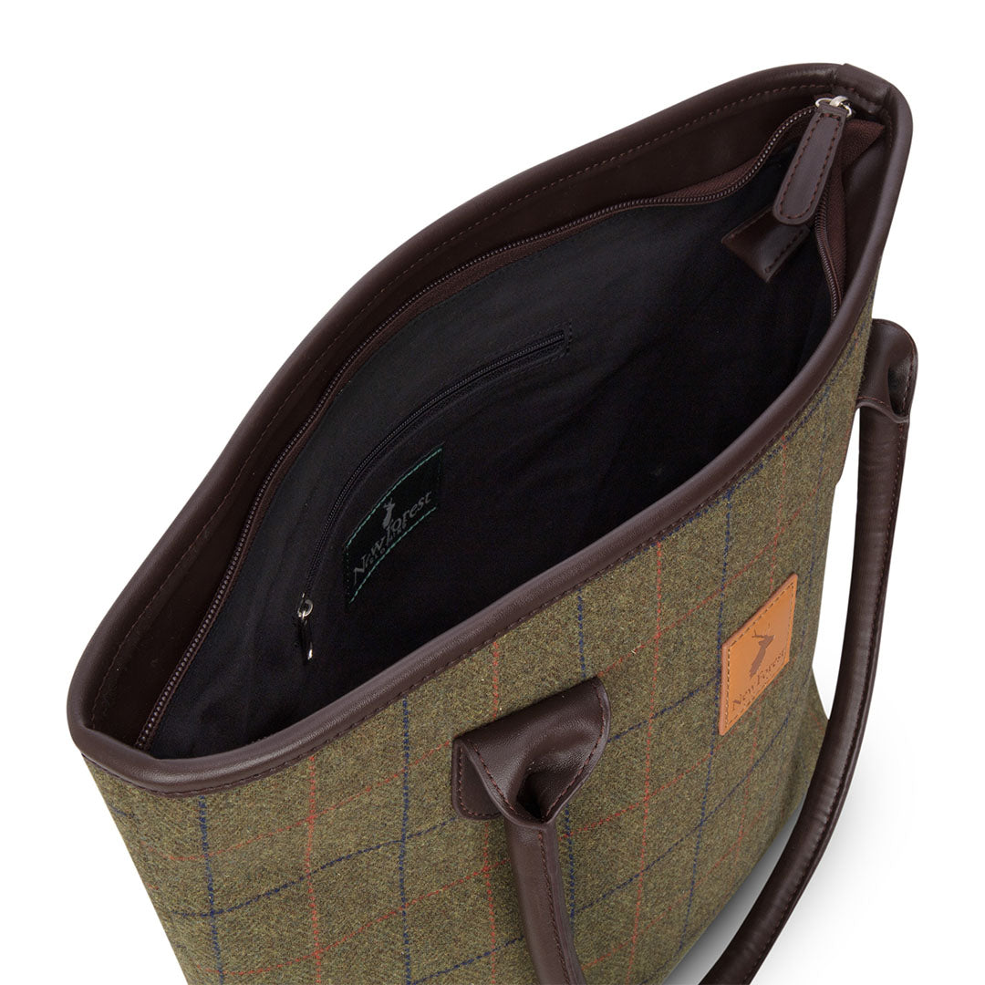 Open green New Forest Tweed Tote Bag perfect for stylish outings and eco-friendly vibes