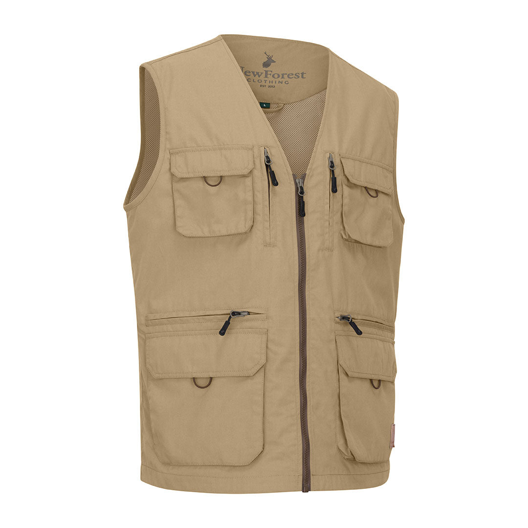 Beige multi-pocketed vest showcasing the New Forest V-Neck Explorer Gilet style