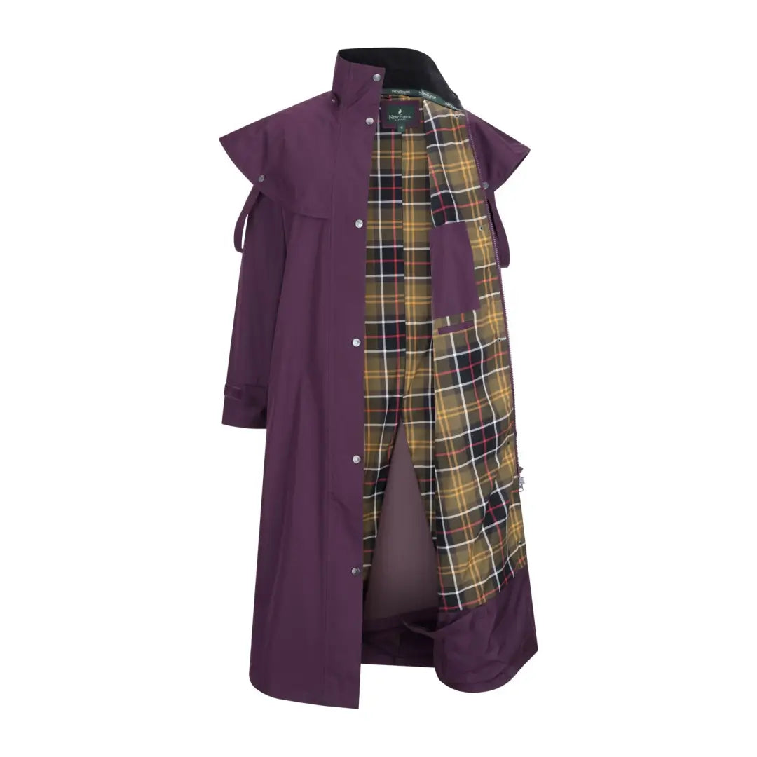 Purple long coat with plaid lining, perfect for uncompromising wet weather style