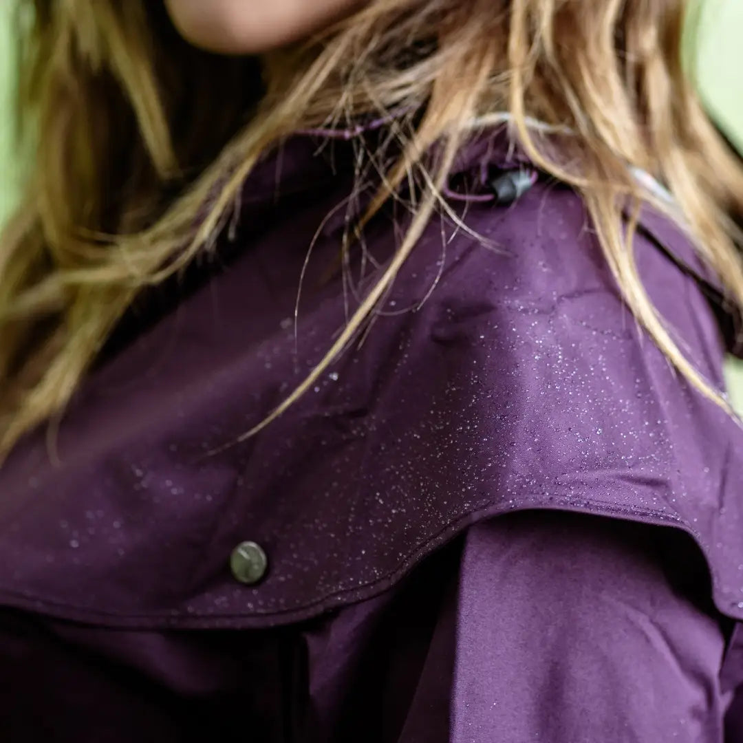 Purple New Forest Victoria Ladies Coat showing dandruff on shoulder, great for uncompromising wet weather