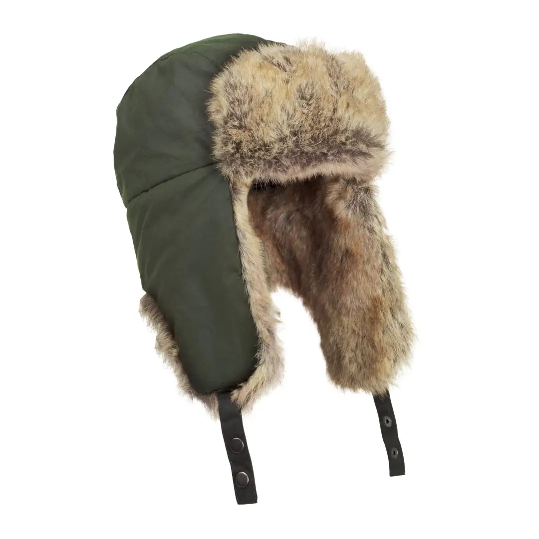 Fur-lined Forest Wax Trapper Hat in Olive with cozy ear flaps for ultimate warmth