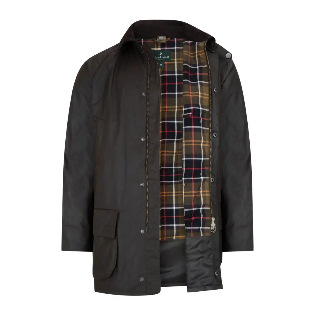 Dark waxed jacket with plaid lining, perfect for your Forest Woodsman adventures