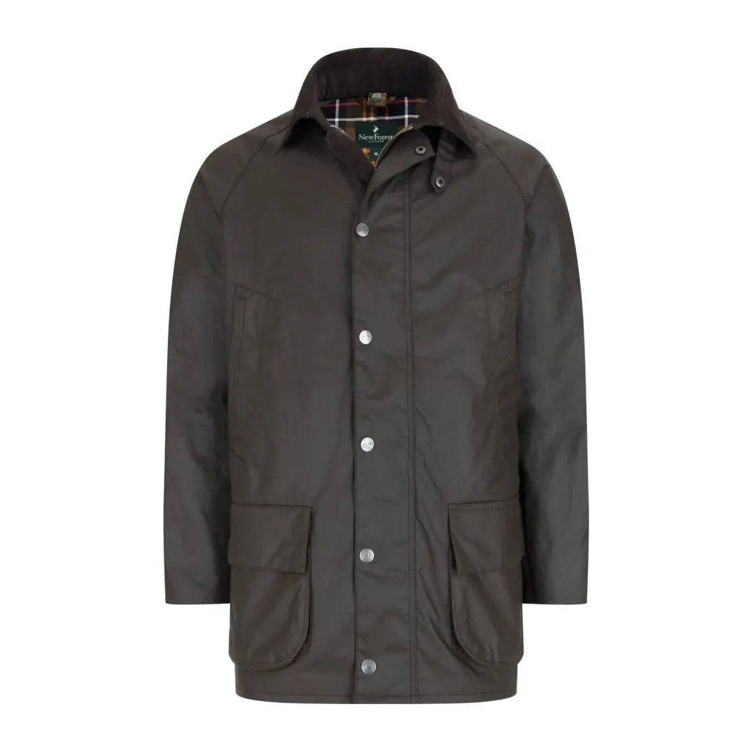 Dark green forest woodsman wax jacket with button front and large pockets