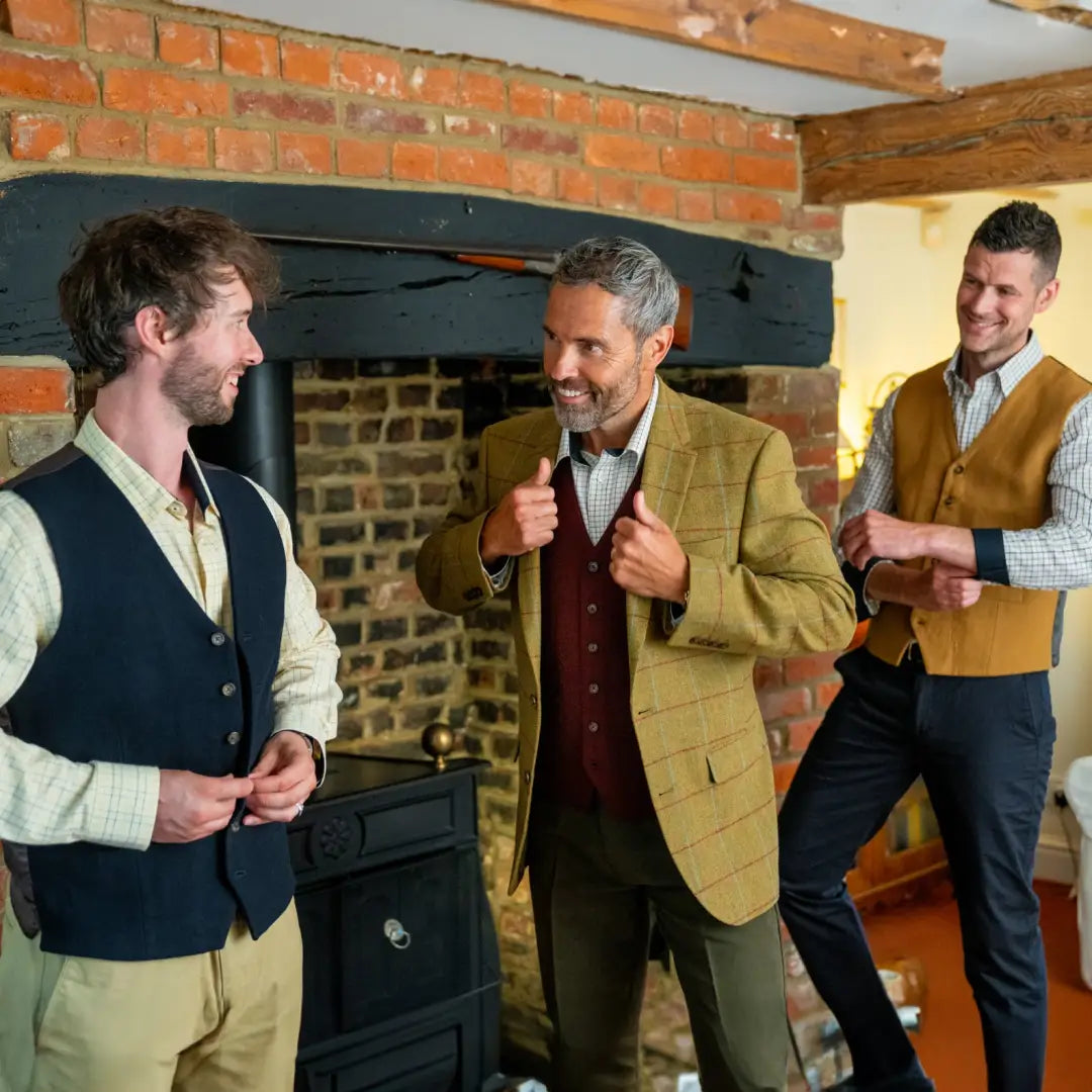 Three men in casual formal attire showcasing a stylish New Forest wool mix waistcoat