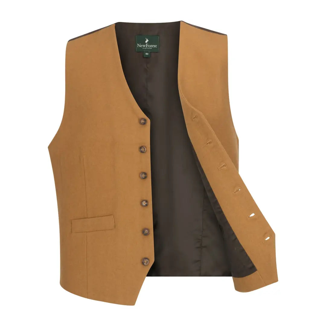 Tan wool mix waistcoat with dark lining and pockets, perfect for style and comfort