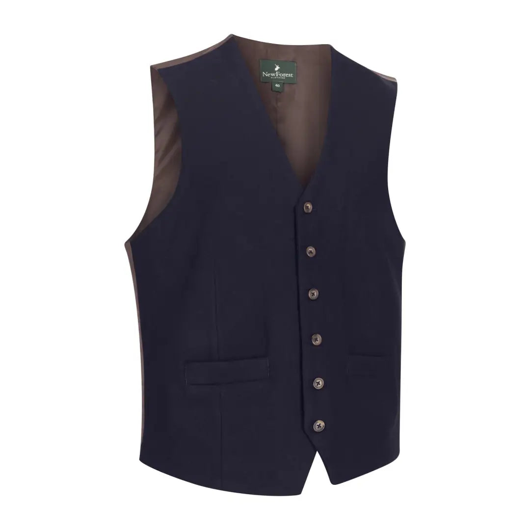 Navy blue wool mix waistcoat with six buttons and V-neckline, perfect for any outfit