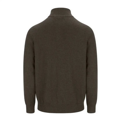 Dark brown zip neck jumper featuring ribbed cuffs and hem for a cozy look