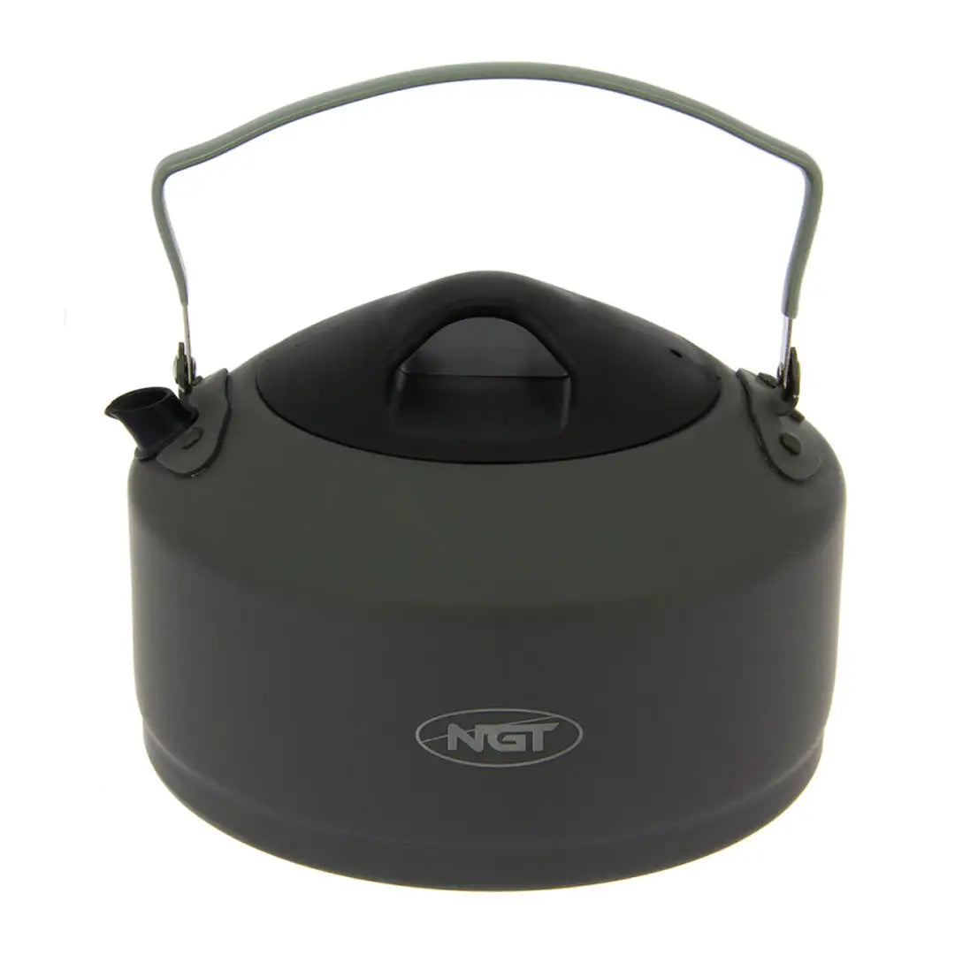 Black NGT Aluminium Outdoor Kettle with curved handle and logo, perfect for camping