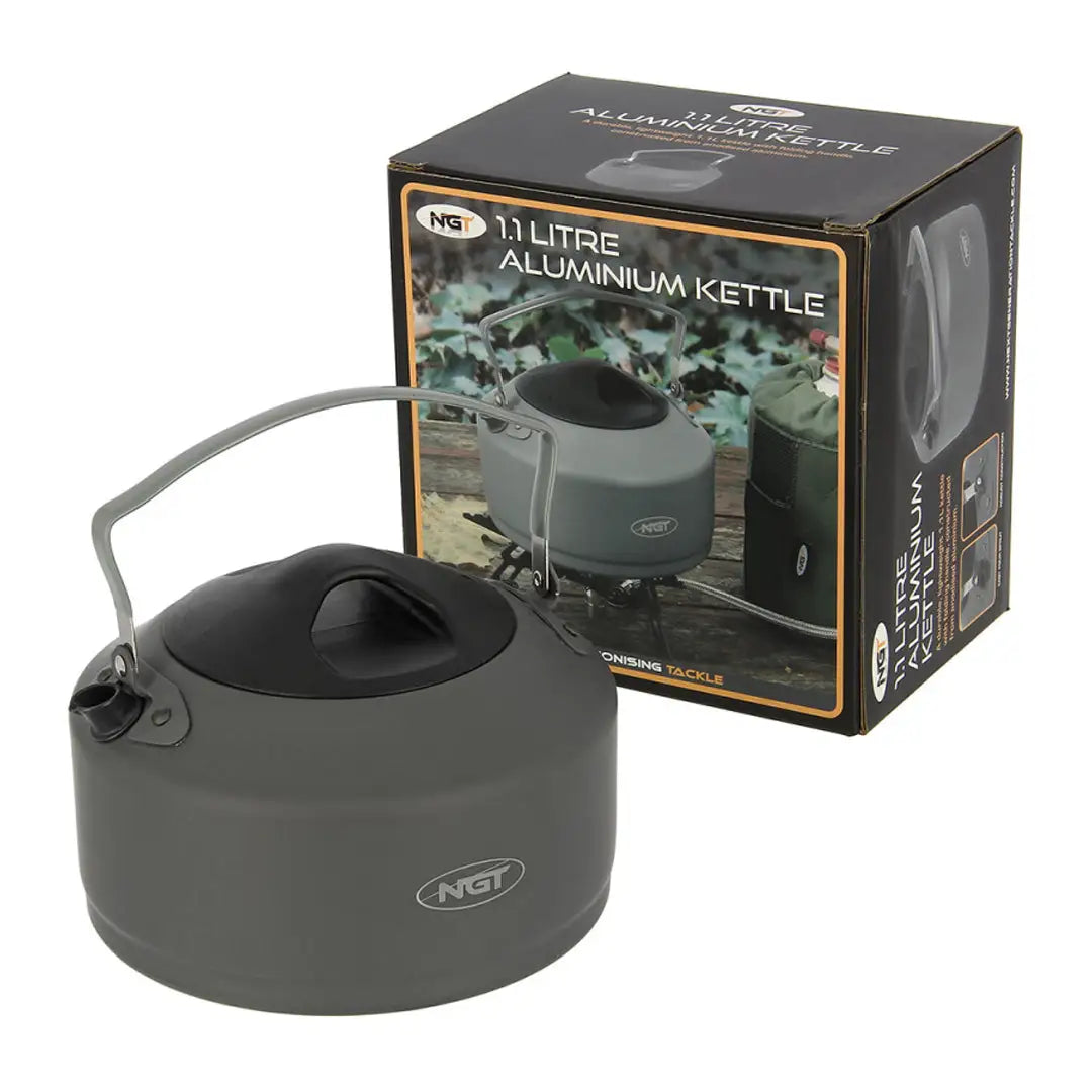 Compact gray NGT Aluminium Outdoor Kettle with black lid and handle for camping