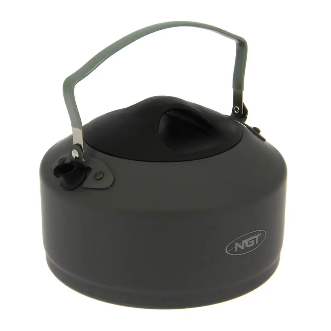 Black NGT Aluminium Outdoor Kettle with metal handle and spout for camping adventures