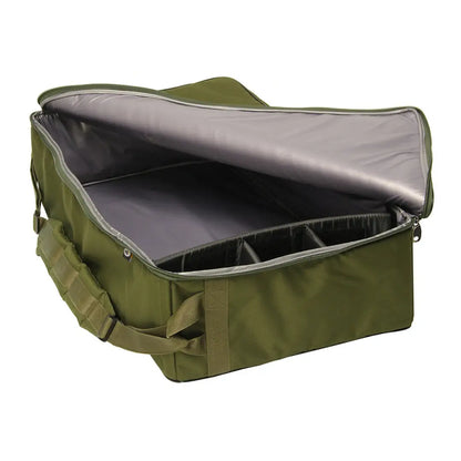 Olive green NGT Bait Boat Bag shows open top and organized interior for bait boat gear