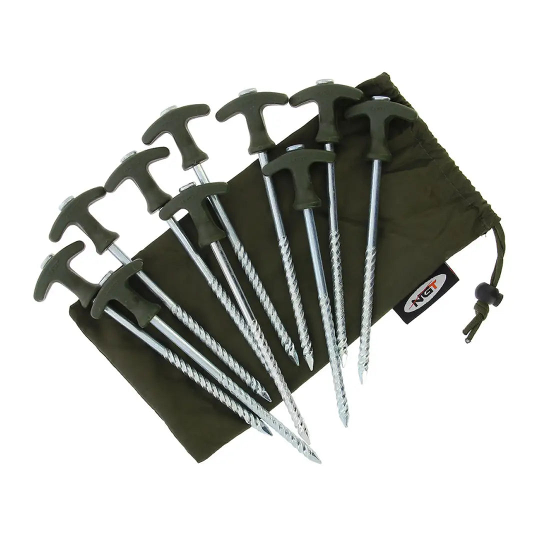 Set of NGT Bivvy Pegs with T-handles in a handy storage bag for easy camping setup