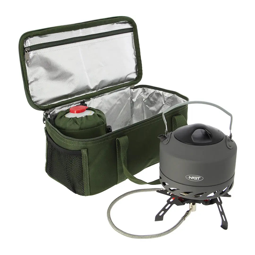 Portable camping stove with fuel canister and case from the NGT Brew Kit Bag