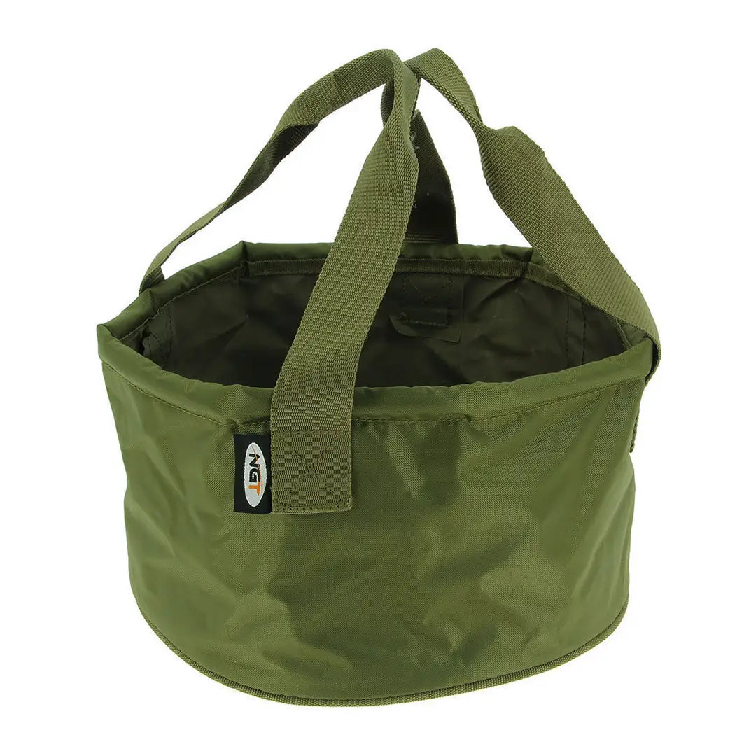 Collapsible green fabric NGT Groundbait Bowl with handles for easy storage and transport