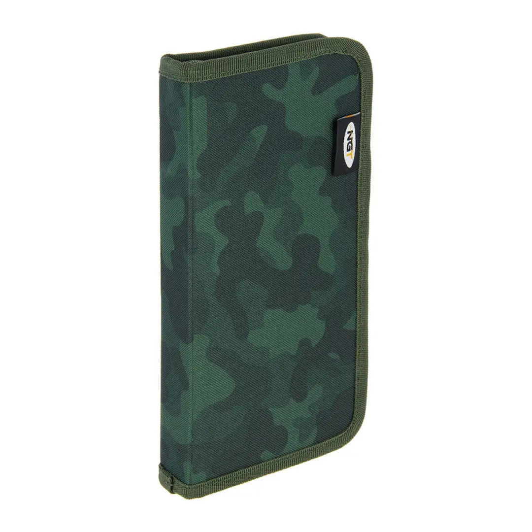 Camouflage-patterned NGT Stiff Rig Wallet with Pins in green for outdoor gear