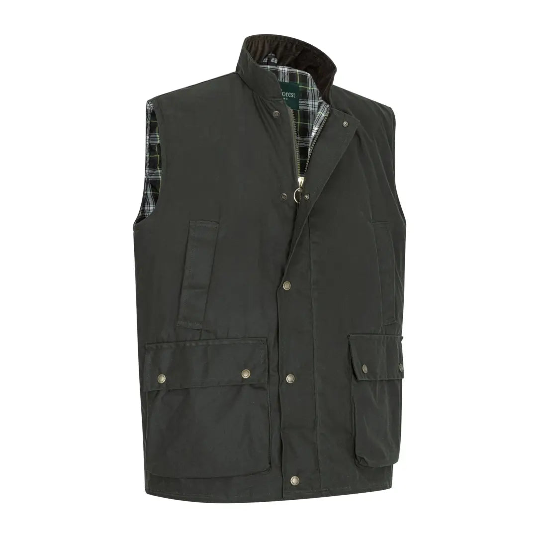 Dark green sleeveless padded wax gilet with pockets and snap closures for style and utility