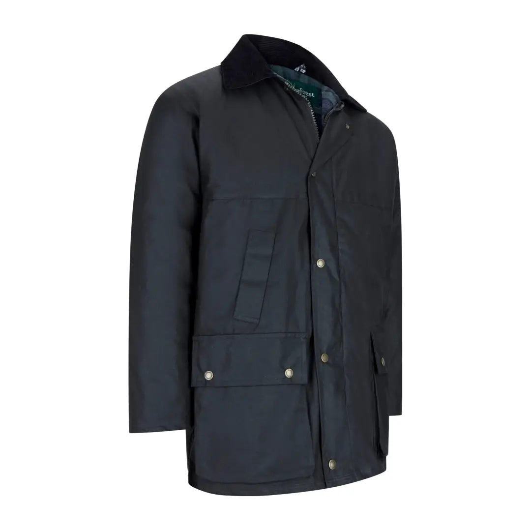 Dark blue padded wax jacket with corduroy collar and pockets for stylish warmth