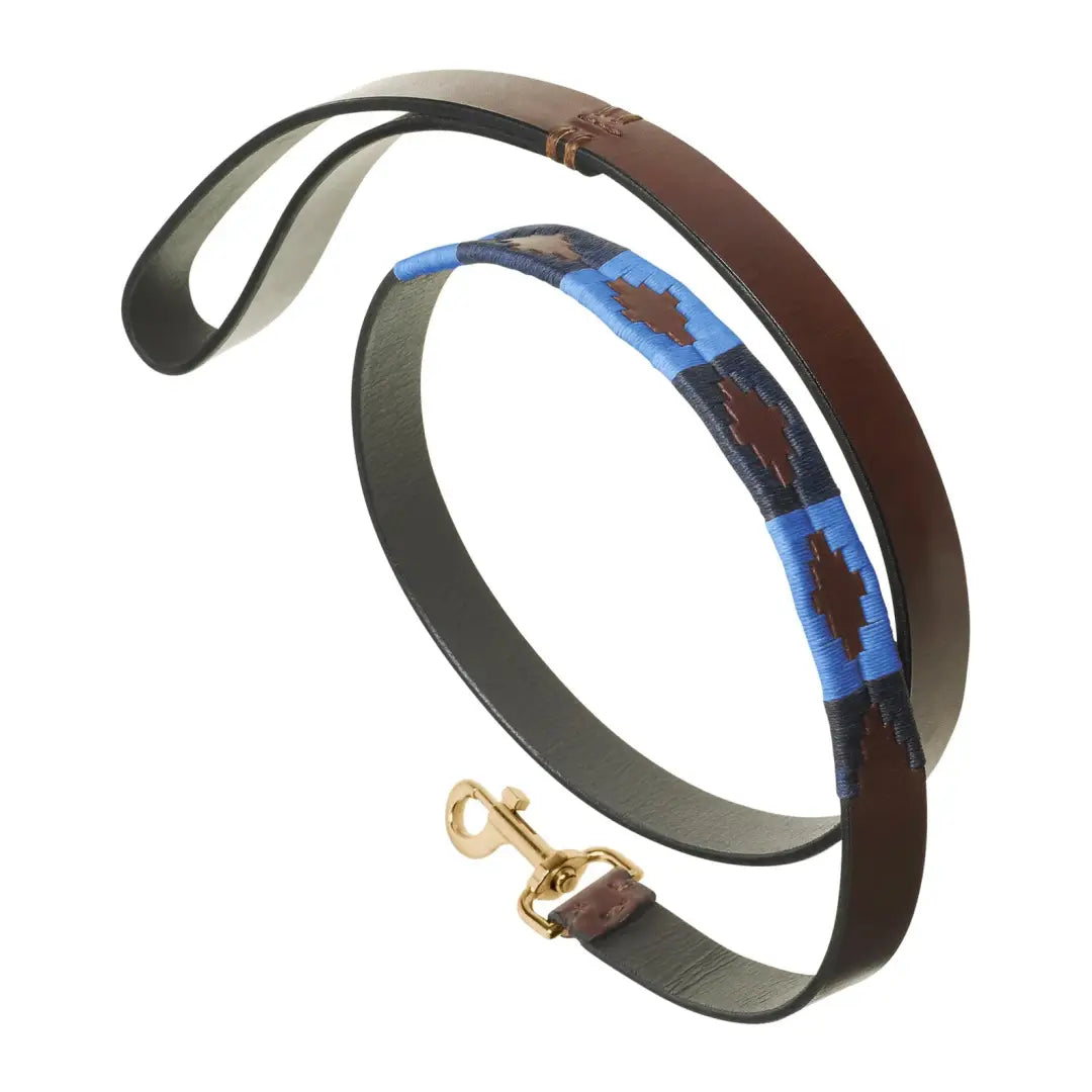 Pampeano Azules Dog Lead with blue and brown pattern and gold clasp for stylish pups