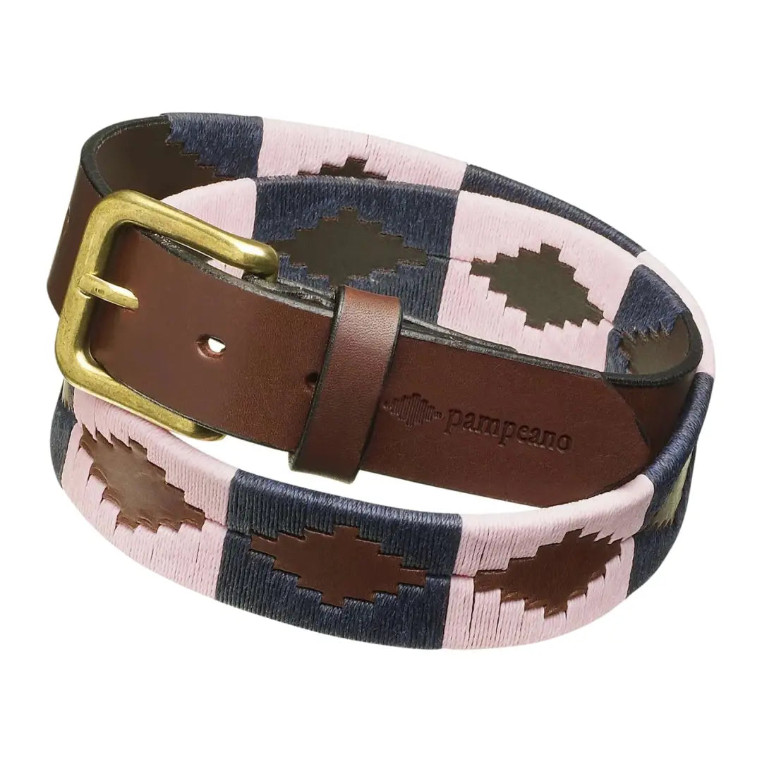 Stylish Pampeano Hermoso Polo Belt in pink, navy, and brown with a geometric pattern