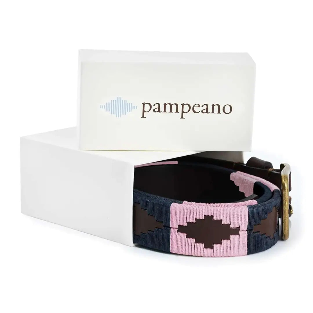 Colorful geometric Pampeano Hermoso Polo Belt next to a branded white box