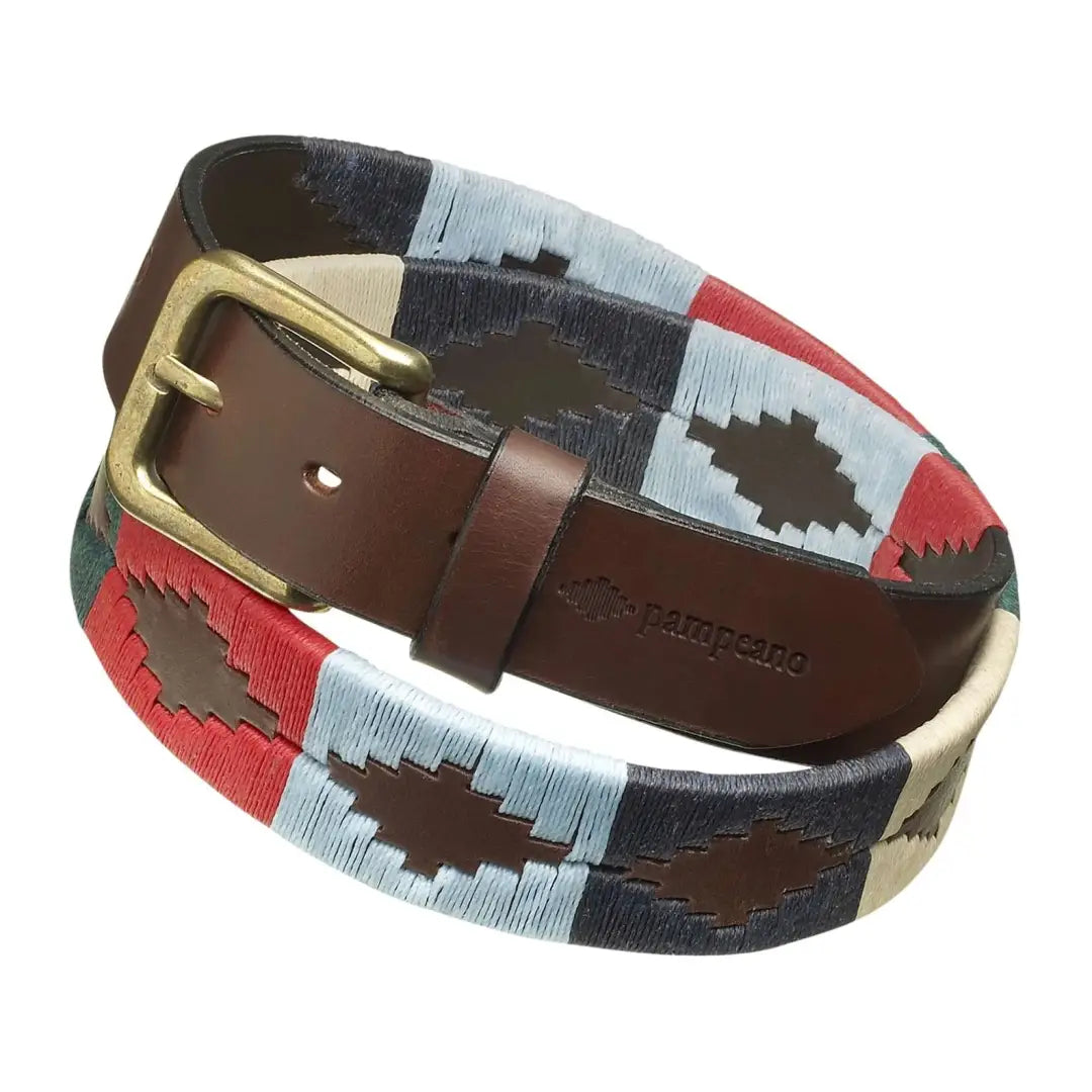 Colorful Pampeano Multi Polo Belt with geometric pattern and brass buckle, perfect accessory