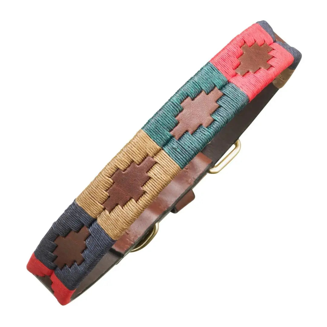 Colorful Pampeano Navidad Leather Dog Collar with geometric embroidery and metal buckle