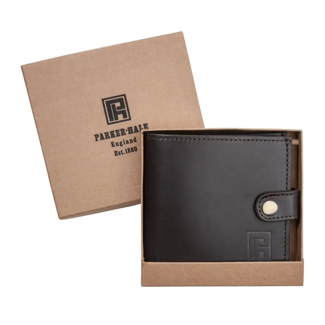 Black leather Parker-Hale Brockenhurst certificate wallet in an open gift box