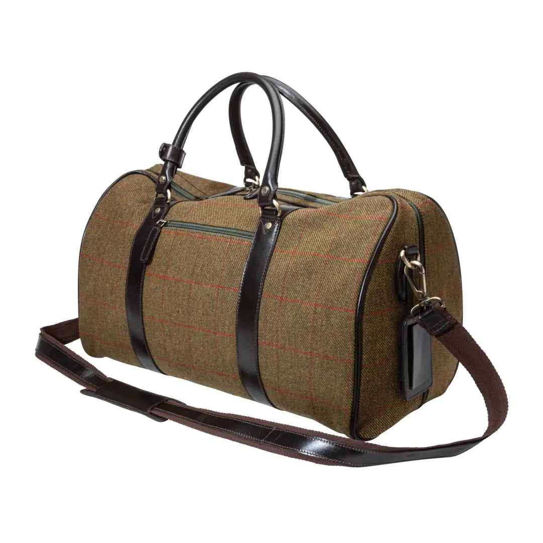 Cylindrical Hambledon Tweed Duffle Bag with leather trim and detachable shoulder strap