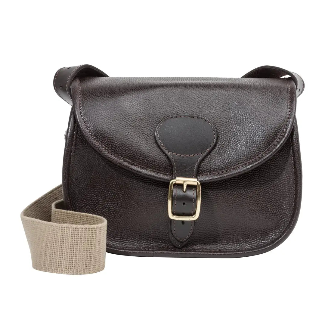 Dark brown leather cartridge bag with flap closure and buckle detail from Parker-Hale