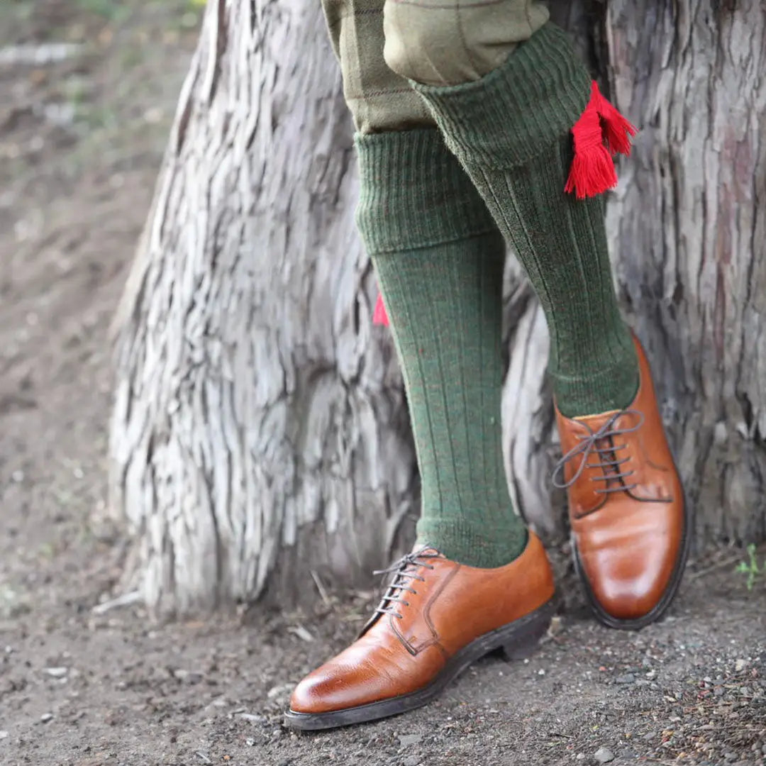 Brown leather oxford shoes with green knee-high socks, perfect for Pennine Gamekeeper Shooting