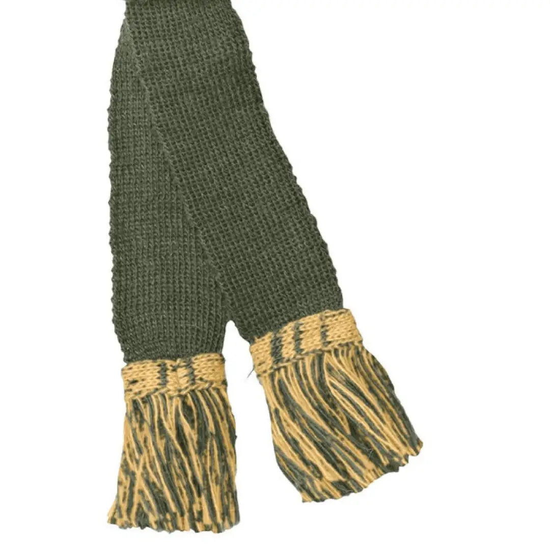 Knitted green scarf with yellow fringed ends from Pennine Premium Wool Shooting Garters