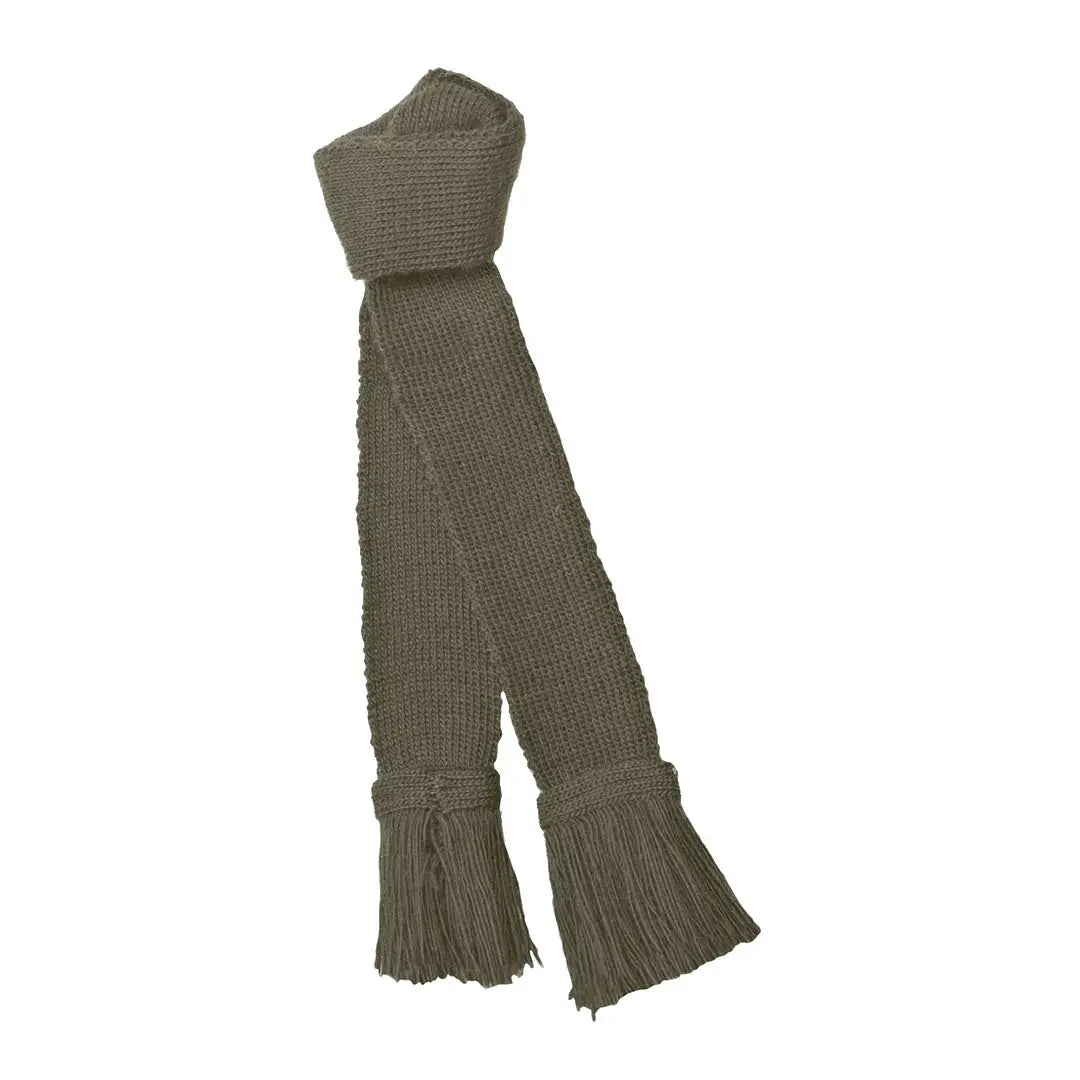 Olive green knitted scarf with fringed ends perfect for country clothing and hunting