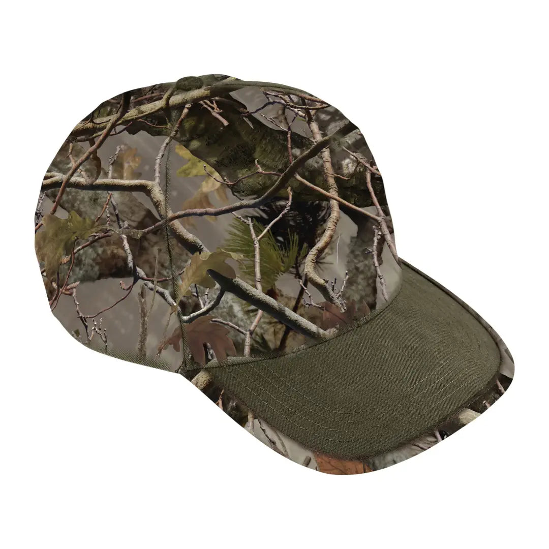 Camouflage baseball cap with woodland pattern and green brim from Percussion Childrens Forest Evo