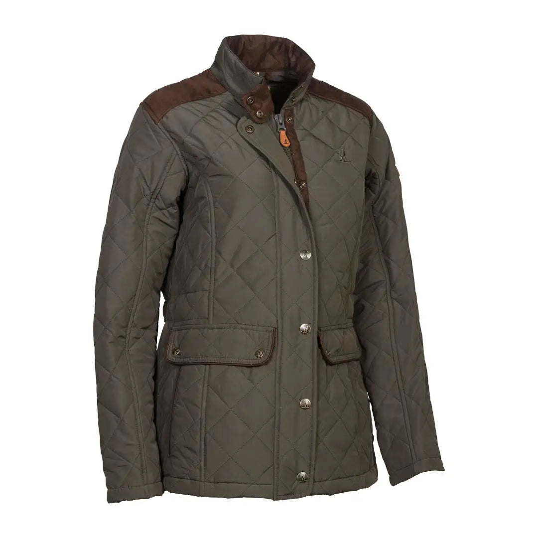 Olive green Percussion Edinburgh Ladies Jacket with quilted design and brown patches