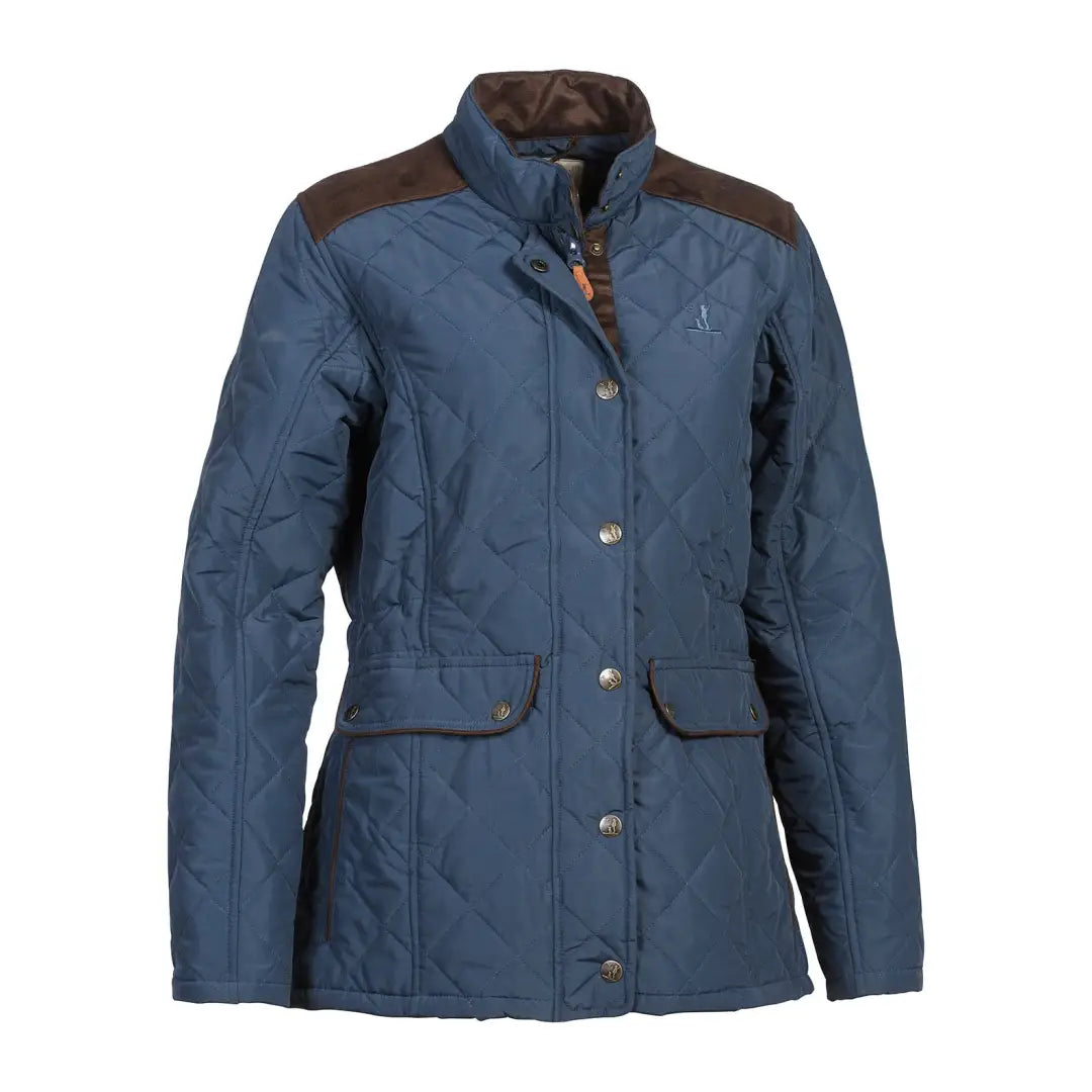 Blue quilted Percussion Edinburgh Ladies Jacket with brown patches and brass buttons