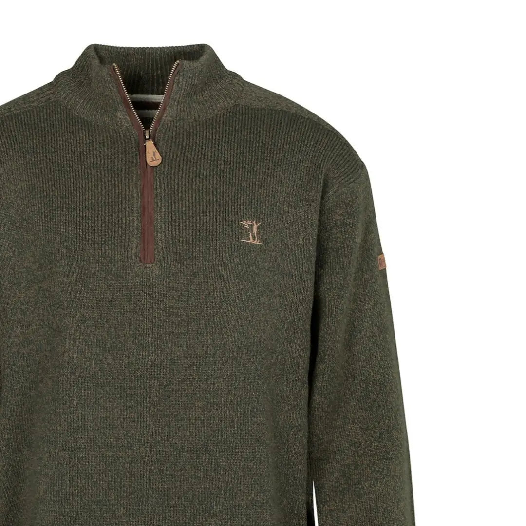 Dark green knit high neck wool blend sweater with quarter-zip and logo for all-day comfort