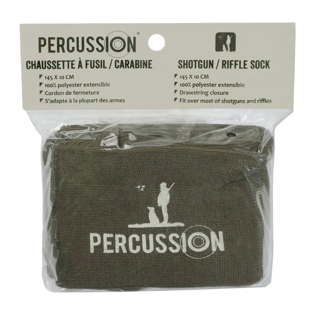 Percussion Gun Sock in olive green packaging for protecting your gun