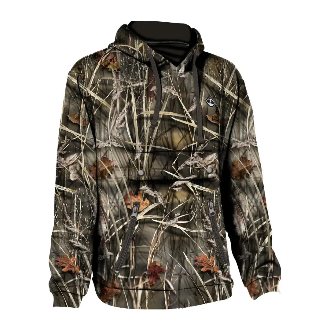 Percussion Hooded Sweatshirt featuring woodland camo pattern and black collar