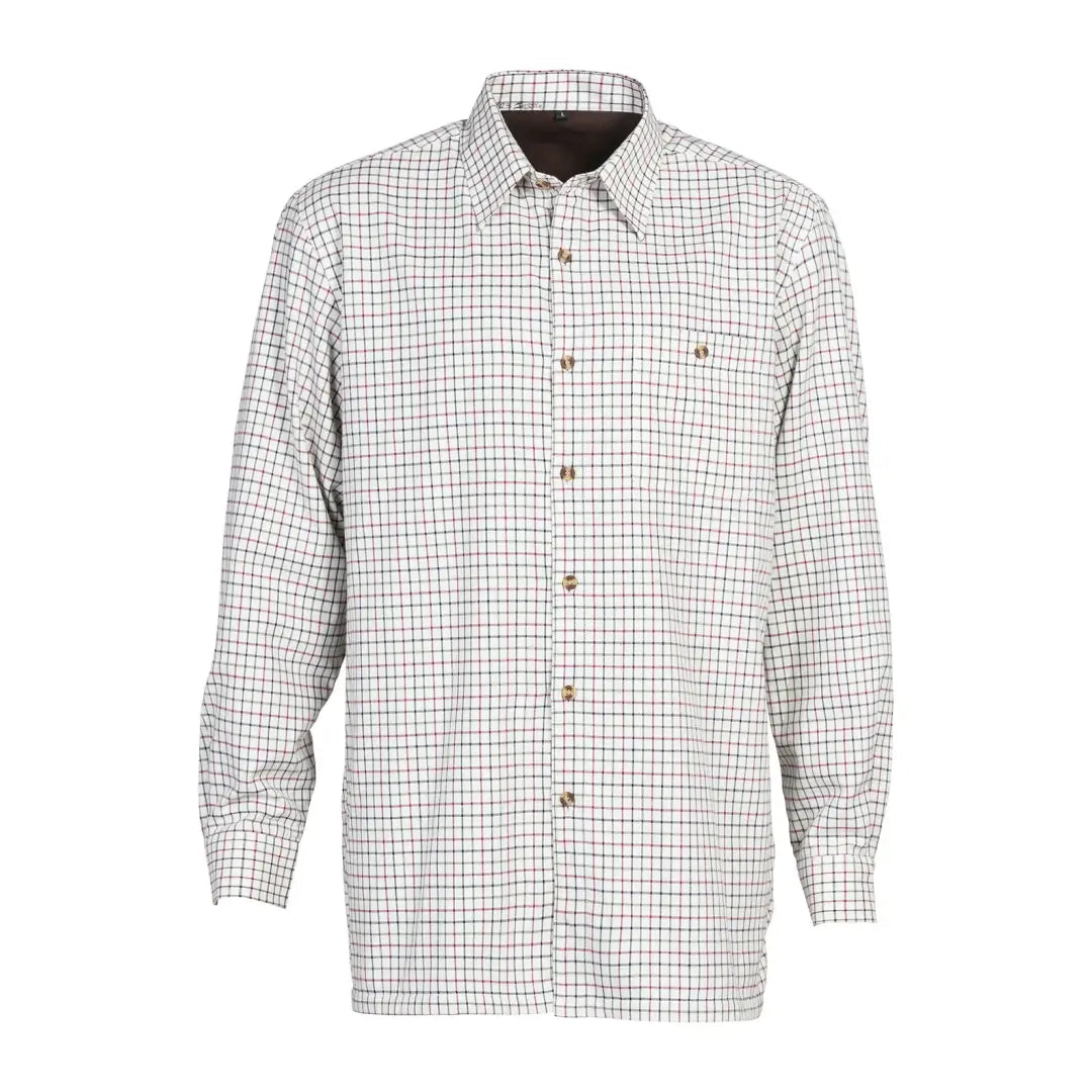 Stylish White and Brown Checkered Button-Up Shirt for Outdoors and Hunting Adventures