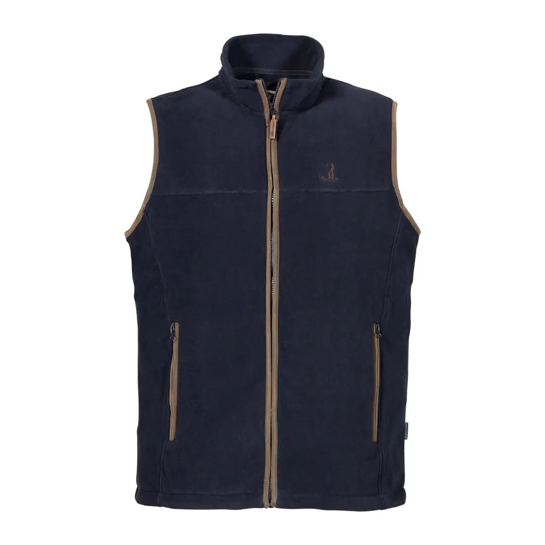 Navy blue fleece vest with brown zipper, perfect for kids’ country clothing by Percussion Scotland