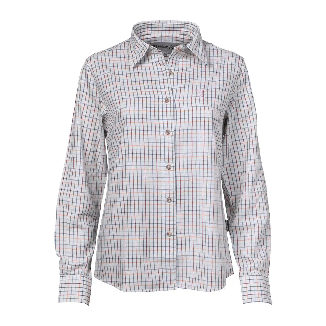 White button-up Percussion Ladies Long Sleeved Shirt with gray and red checkered pattern