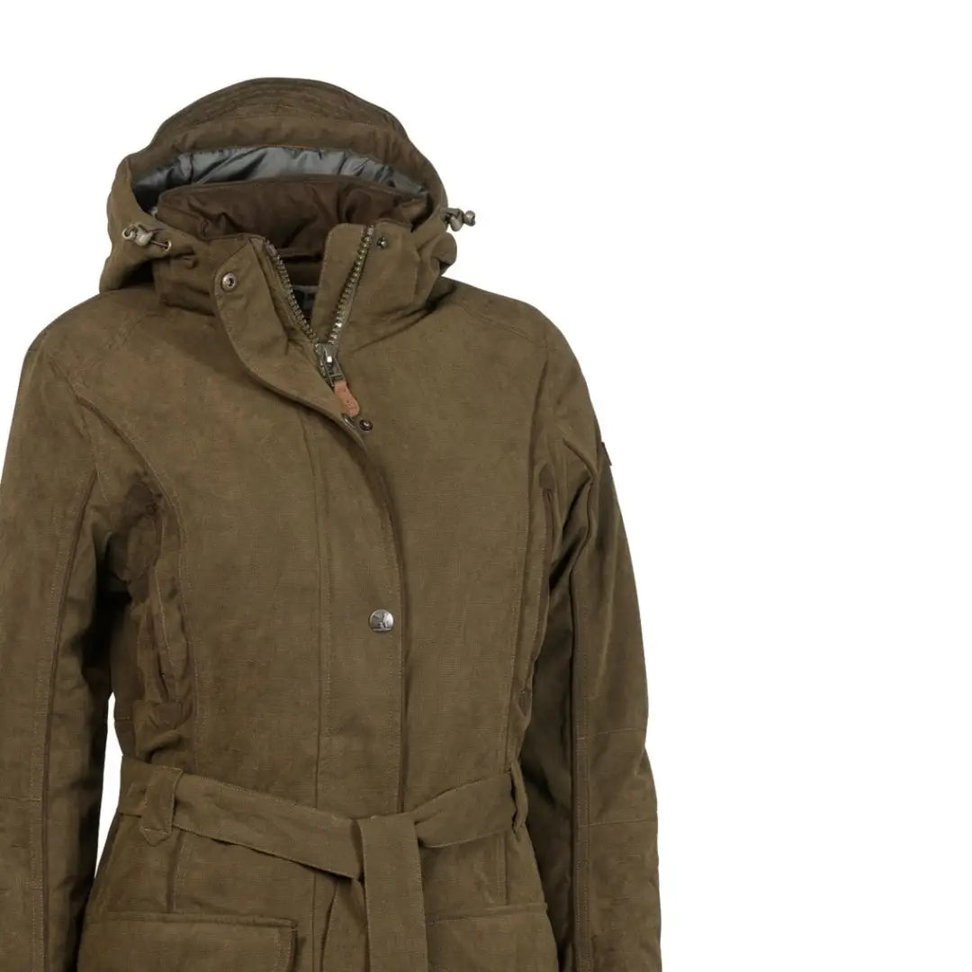 Olive green Hooded Percussion Ladies Rambouillet Hunting Jacket with a stylish belt