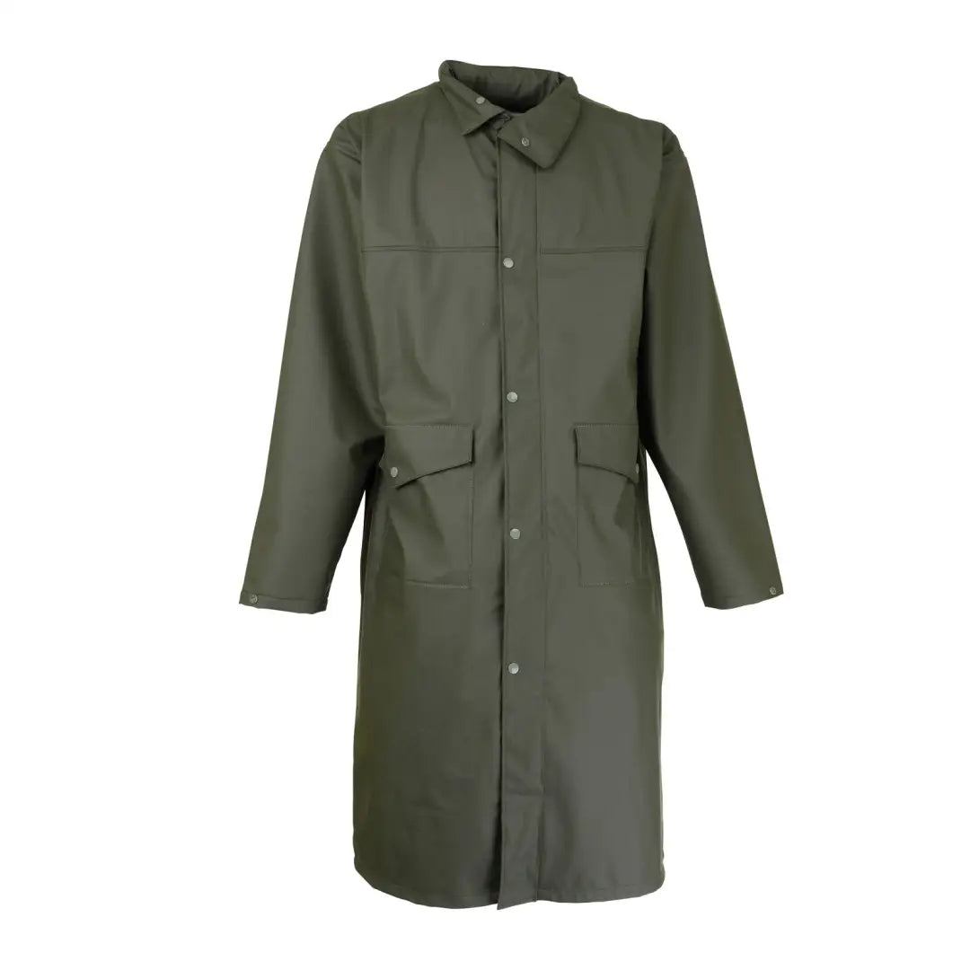 Olive green Percussion Long Impersoft Coat with buttons and game bag pockets